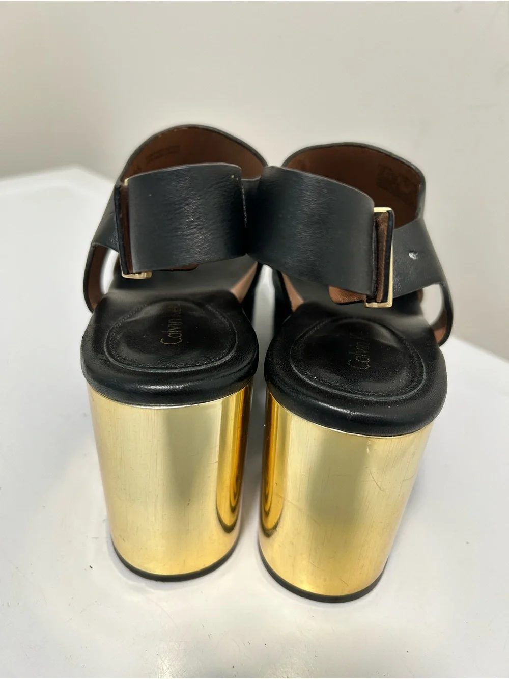Calvin Klein Iven Platform Sandals Black with Gold Heel Size 9